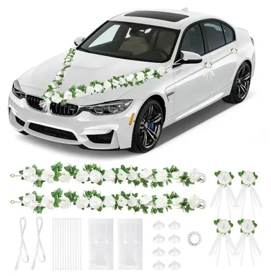 Produktbild von Hochzeitsauto Blumenschmuck Girlande Weiß Rattan Komplettset