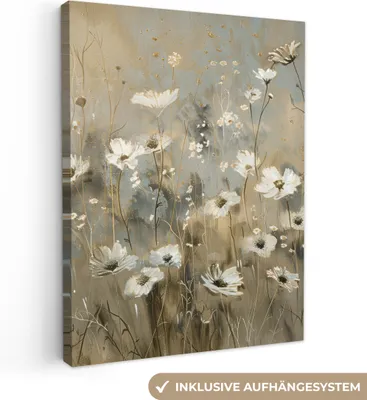 Produktbild von MuchoWow® - Leinwandbilder - Blumen - Weiß - Natur - Grau - Modern, Wandbild, Wanddeko Bilder Wohnzimmer, 60x80cm