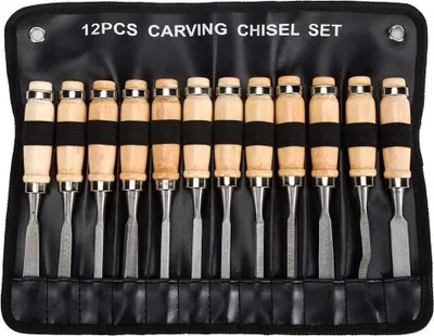 Produktbild von Holzmeißel Set 12-teilig, Kohlenstoffstahl-Klingen, Holzgriffe, Werkzeugkoffer – Ideal Für Anfänger Und Hobby-Schnitzer