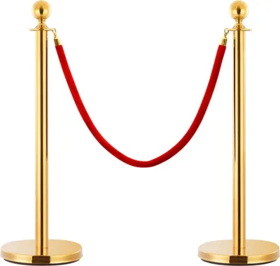 Two golden stanchions with a red velvet rope connecting them, presented on a white background.