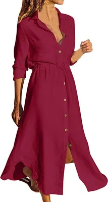 Produktbild von ASKSA Damen Freizeitkleider Sommer Knopf Langarm Shirtkleid Lockeres Solides Midi Kleid mit Kordelzug, Rotwein, 3XL