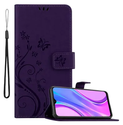 Produktbild von Cadorabo Hülle für Xiaomi RedMi 9 in FLORAL DUNKEL LILA Schutzhülle im Blumen Design mit Magnetverschluss, Standfunktion und Kartenfächern Flip Case Flower Cover Etui Handy Klapp Hülle Book Tasche