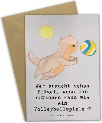 Produktbild von Mr. & Mrs. Panda Grußkarte Volleyball Sprung - Grau Pastell - Geschenk, Gemeinschaft, Sportler, dankeskarten, glückwunschkarten, einladungskarten, Teamsport, Sport