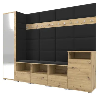 Obrázek produktu pro Šatní skříň NELA XI 250 cm – modulární nábytek do předsíně Artisan z dubového dřeva se zrcadlem a černým sedákem 16 (velká sada)