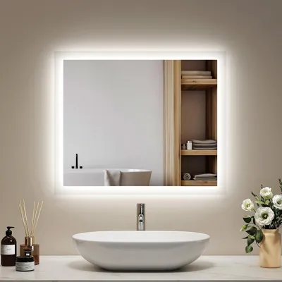 Produktbild von EMKE LED Badspiegel 50x60cm mit Beleuchtung & Antibeschlag, Wandspiegel mit Mechanischem Schalter Badezimmerspiegel 3000K/6500K Lichtfarben