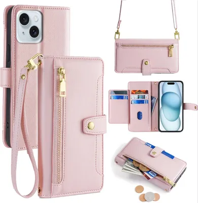Produktbild von Handykette iPhone Hülle mit Band Handyhülle Kartenfächer Kunstleder Umhängetasche iPhone 15 Plus Rosa