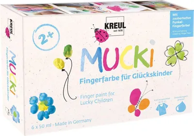 Productafbeelding van Mucki vingerverf voor gelukskinderen - 6 x 50 ml in geel - Roze - Ruitblauw - Groen - Oranje - Drakenzilver