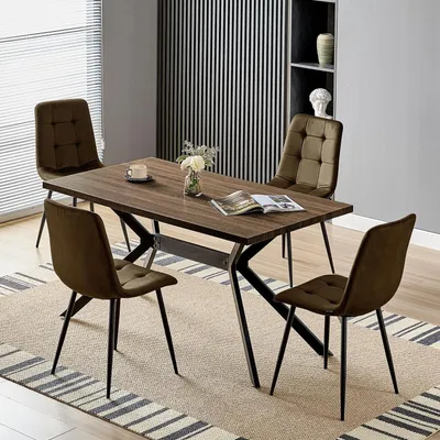 Image de Table rectangulaire avec 4 chaises. Dimensions : 140 x 80 cm. Bois foncé, revêtement en velours marron, pieds en métal noir