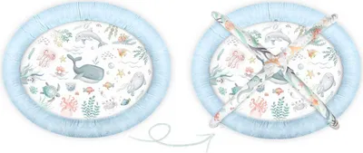 Two views of a round, padded play mat with an ocean-themed print. The left view shows the mat flat, and the right view shows it folded.