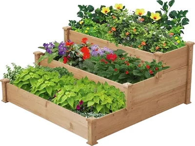 A tiered wooden planter filled with various colorful flowers and green plants.