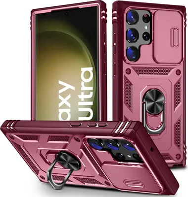 Multiple views of a rose gold phone case with a sliding camera cover and ring holder.