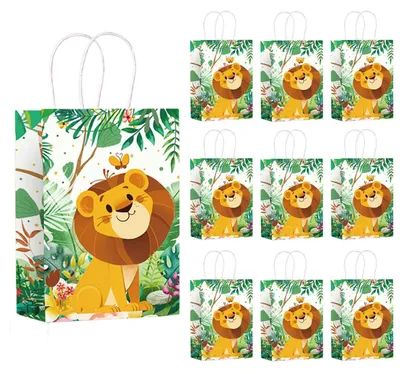 Imagen del producto de 10 bolsas de regalo con temática de animales, color verde