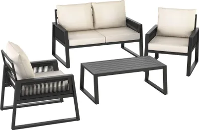 A set of outdoor furniture including a loveseat, two armchairs, and a coffee table, arranged on a white background.