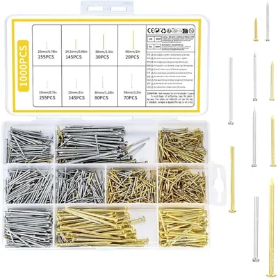 Productafbeelding van 1000 stuks spijkers, ronde kop, assortiment set, goud/zilver, staal, voor houtbewerking en ophangen