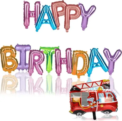 Produktbild von COM-FOUR® 2-teiliges Set Ballons - Geburtstagsdeko mit Folien-Ballon "Happy Birthday" - Set aus Girlande und Feuerwehr-Luftballon