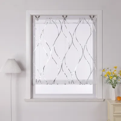 Produktbild von Joyswahl Raffrollo ohne Bohren Hakenaufhängung Voile Küche Gardinen Raffgardinen mit Haken Ösenrollo mit Wellenstreifen Silber BxH 80x130cm
