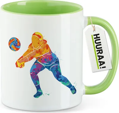 Produktbild von Huuraa Kaffeetasse Volleyballerin bunte Silhouette 330ml Grün Keramik Kaffeebecher Geschenkidee