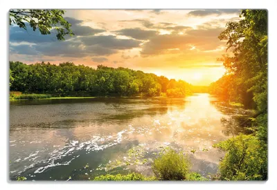 Produktbild von Wallario Frühstücksbrettchen aus Glas 20 x 30 cm mit rutschfesten Füßen, Motiv Sonnenuntergang am Fluss in grüner Umgebung