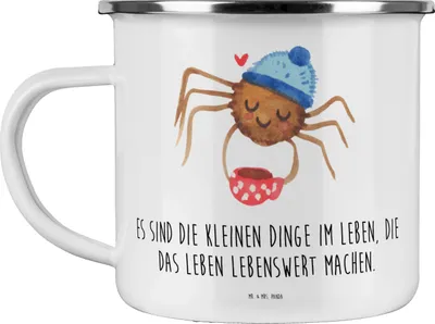 Produktbild von Mr. & Mrs. Panda Haferl Spinne Agathe Kaffee - Weiß - Geschenk, Emaille Tasse, Lebensweisheiten, Teetasse, Teebecher, Pott, Kaffeepott, Weiser Spruch, Morgenmuffel