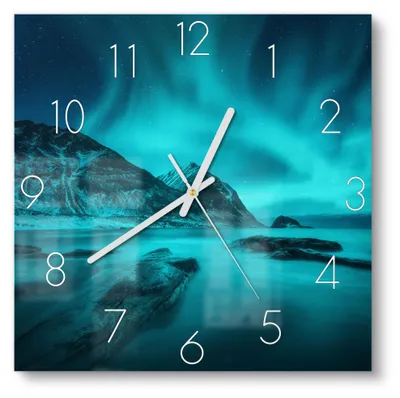 Produktbild von DEQORI Glasuhr 30x30 cm Zahlen 'Polarlichter in Norwegen' Wanduhr Glas Uhr Design leise