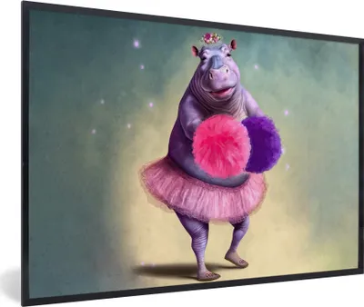 Produktbild von MuchoWow® Gerahmtes Poster Nilpferd - Blumen - Ballerina - Pompons - Porträt 90x60 cm - Poster mit Schwarzem Bilderrahmen Wandposter Rahmen Foto Bilder - Fotorahmen - Foto-Plakat