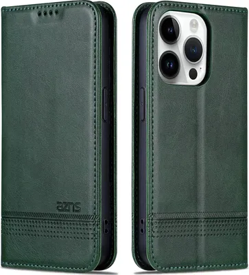 Immagine prodotto di custodia per iPhone 15 Pro, Portafoglio con chiusura magnetica e supporto, Custodia Flip in pelle per iPhone 15 Pro verde