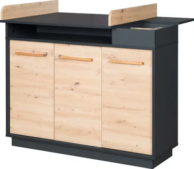 Produktbild von roba Wickelkommode 'Lenn' - mit abnehmbarem Wickelansatz - Inkl. offenen Fächern & Drehtüren - Anthrazit / Holzdekor 'Artisan Eiche'