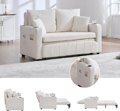 Produktbild von Multifunktionales Schlafsofa – ausziehbares Klappsofa (Sofa & Bett), mit USB-Ladefunktion, Getränkehaltern & Aufbewahrungstaschen, für Wohnzimmer & Gästezimmer, Beige
