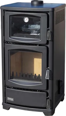 A black wood-burning stove with a glass door and a thermometer on the top compartment.