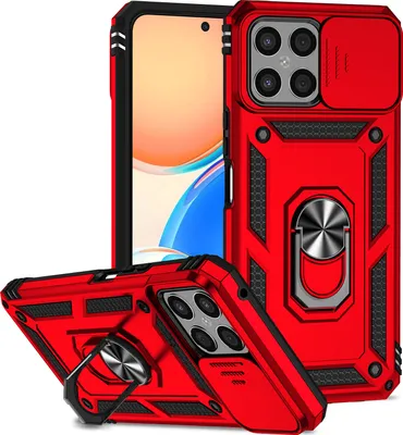 Image de Étui pour Honor X8 étui double couche avec couvercle coulissant pour l'appareil photo et anneau de support rouge