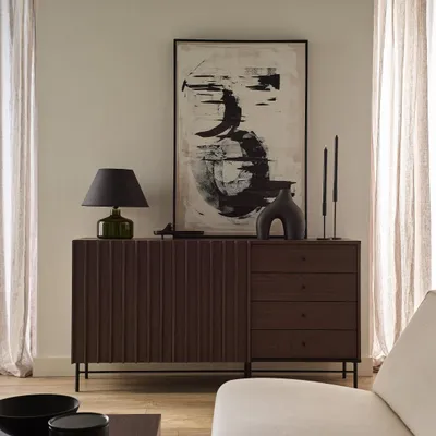 Produktbild von Minio, Kommode "IMPERA" 165 cm, Wohnzimmer, mit Metallfüßen, Portland Esche / Schwarz Farbe