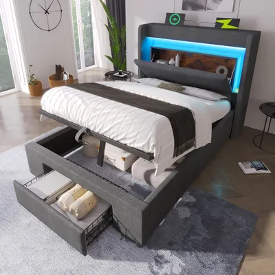 Produktbild von Flieks Hydraulisches Polsterbett 90x200cm mit Usb & Type-c, Stauraumbett mit Schublade und Ablage, Jugendbett Einzelbett Leinen, Grau