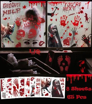 Zdjęcie produktu dla Zestaw 65 naklejek z motywem krwawych odcisków dłoni na Halloween, dekoracje do pokoju w stylu horroru na Halloween
