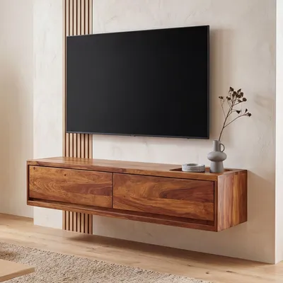 Immagine prodotto di FineBuy Mobile basso sospeso in legno massello di sheesham 108x25x34 cm Mobile TV marrone Mobile TV con spazio contenitivo Mobile TV da parete Mobile TV moderno