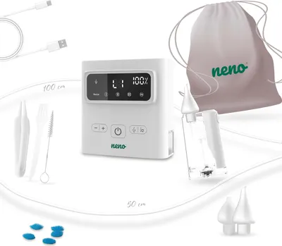 A white Neno Grasso wireless nasal aspirator is displayed with its accessories and a storage bag on a white and light gray background. Measurement lines are visible in the background.