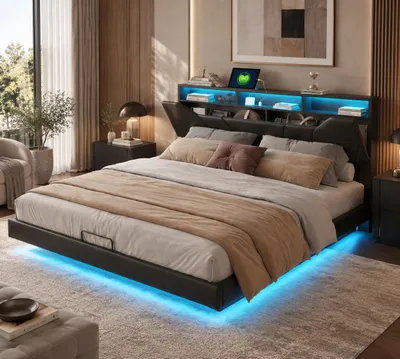 Zdjęcie produktu dla Łóżko hydrauliczne INONEFT, 140x200 cm, z podświetleniem LED i portami USB, łóżko platformowe z regulowanym zagłówkiem i ukrytą przestrzenią do przechowywania, kolor czarny