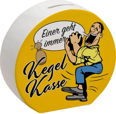 Produktbild von Kegelkasse Spardose Einer geht immer in gelb mit lustigem Kegelspieler Motiv