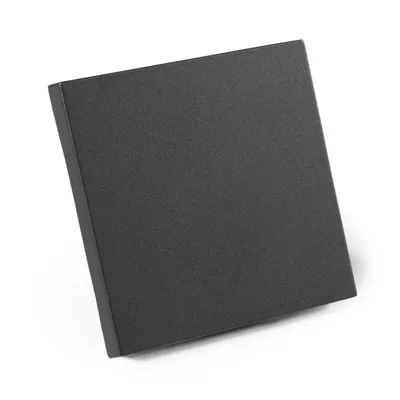 A dark gray square object, likely a blind cover or panel, is shown from a slightly elevated angle against a white background.