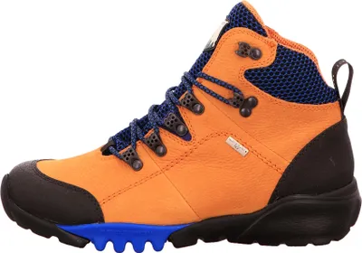 A side view of a single hiking boot.