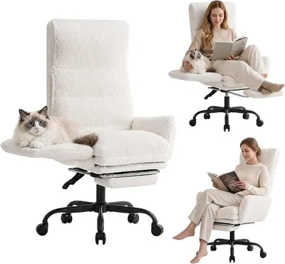 Imagen del producto de Silla de oficina ergonómica con reposapiés, inclinación de 145° y tapizada en tela tipo "teddy"