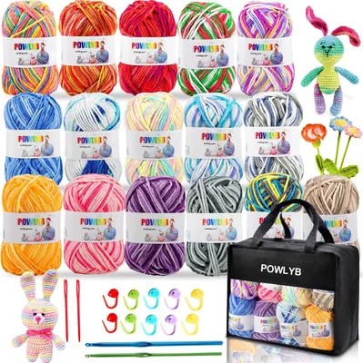 Produktbild von Acrylgarn Set, 16 Farben, 40 g Baumwollgarn, 2 Häkelnadeln, für Handarbeit
