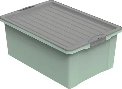 A light green storage box with a gray lid is shown against a white background.