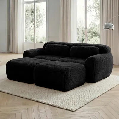 Produktbild von Cloud Schlafsofa, Modulares Zweisitzer-Sofa mit 2 Ottomans, Flauschplüsch, weicher Stoff, montagefrei, komfortabel für Wohnzimmer