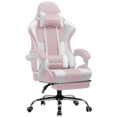A pink and white gaming chair with a headrest and lumbar pillow, shown from the front on a white background.