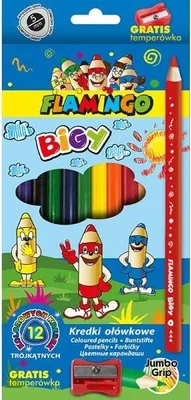 Image de Crayons de couleur triangulaires Jumbo 12 couleurs + gomme Flamingo