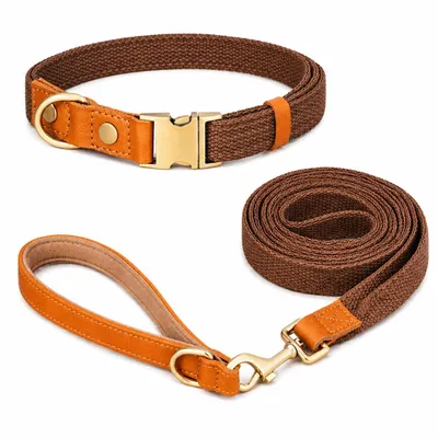 Produktbild von Hundeleine & Halsband Set aus Nylon mit Leder – robust, hochwertig, 1,5 m Leine – für kleine & große Hunde 7 Farben verfügbar braun Größe M
