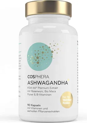 A product shot of a bottle of Cosphera Ashwagandha supplements.
