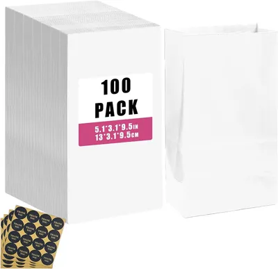 Productafbeelding van Papieren zakjes 13x8x24 cm, 100 stuks, wit, zonder handvat, snackzakjes, voor feestcadeau