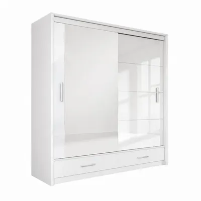 Produktbild von Schwebetürenschrank MARSEILLE 203 cm mit Spiegel & Schublade – Kleiderschrank Hochglanz modern Schlafzimmer (Weiss)