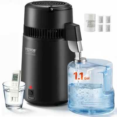 Produktbild von VEVOR Reinstwasser-Destillierer 4L Edelstahl-Innenwasser-Destillation 750W Wasserreiniger Filter Wasser-Destilliermaschine mit Sammlungflasche für Büros und Haushalte, Schwarz
